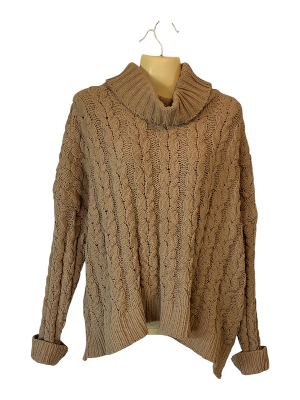 POL Cable Knit Turtleneck Fisherman's Oversize Chunky Sweater Camel Brown Medium